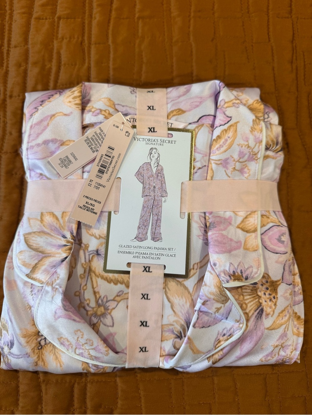 Victoria's Secret Pink and Gold Floral Glazed Satin Pajama Set